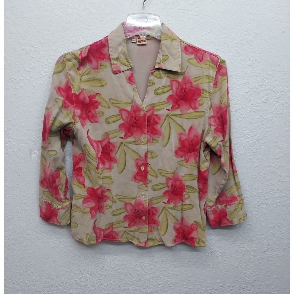Vtg TIANELLO Shirt Womens Large Vibrant Pink Floral Button up‎ Tencel Rayon USA